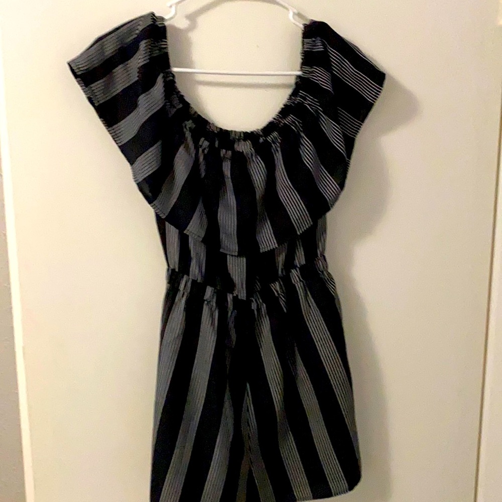 Black and white stripe off shoulder romper shorts